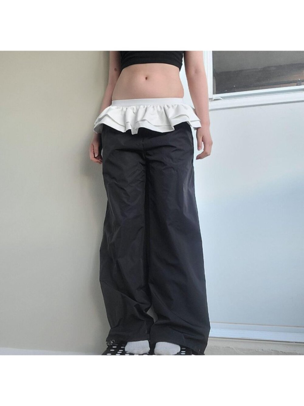 Self Syntex Black Lace Layered Drawstring Goth Parachute Pants (M) - Picture 2 of 3